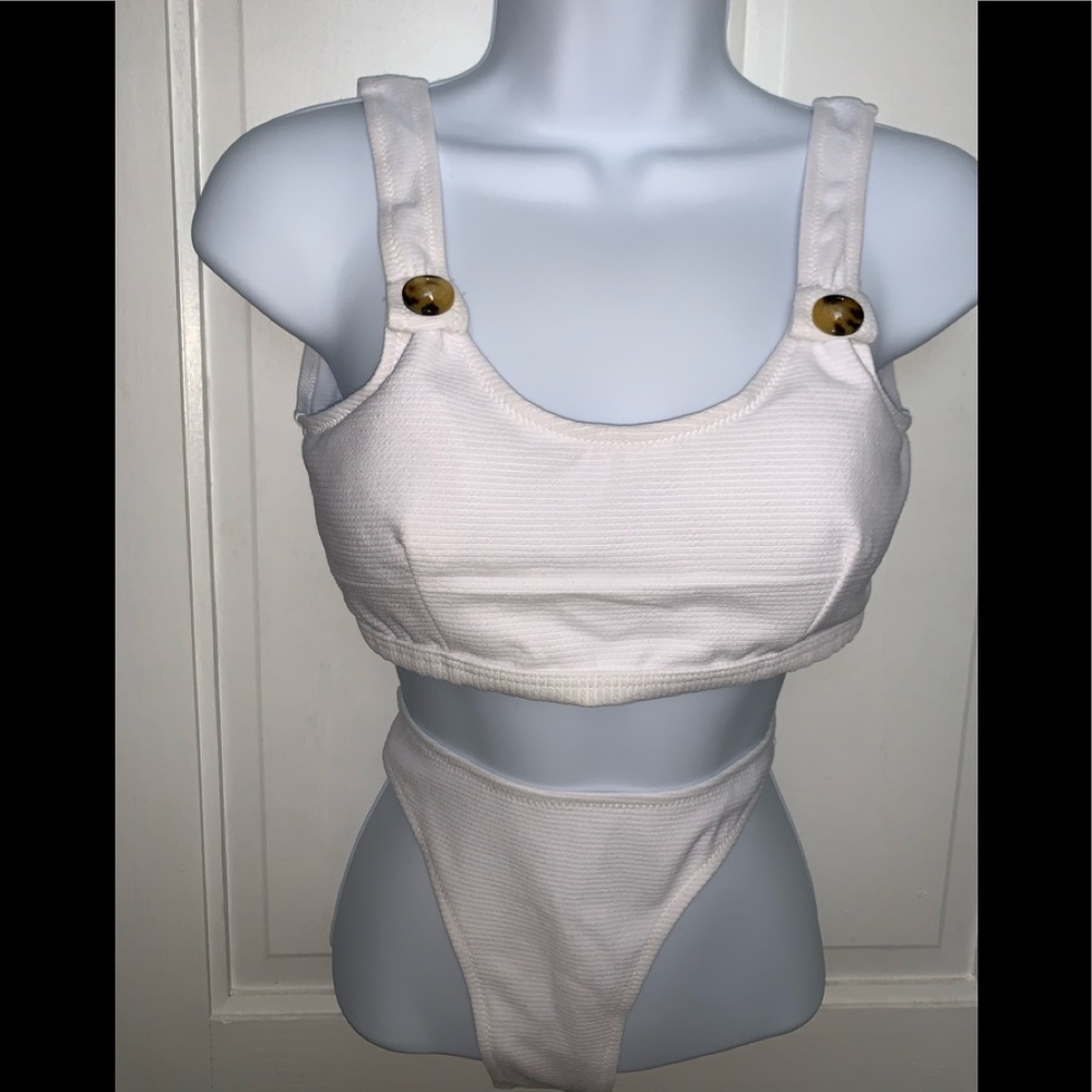 White two piece bathing suit.